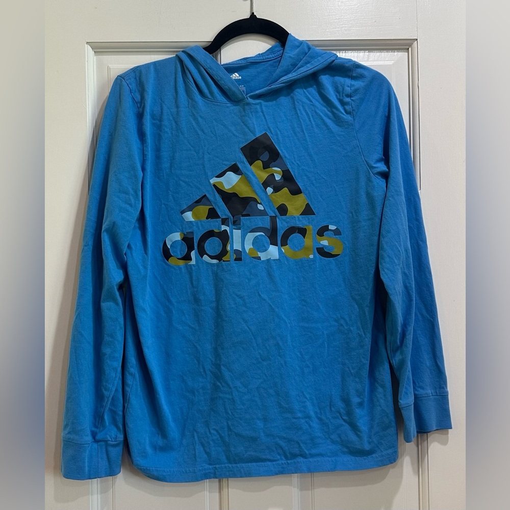 Boys Adidas Blue Long Sleeve Shirt With Hood Size Large (14/16)